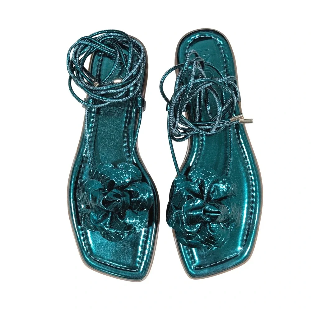 INC International Concepts Emerald Green Metallic Rosette Lace up Sandals 7.5M